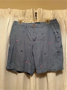 Men's Chambray Flat Front Shorts with Multicolor Embroidery - Blue